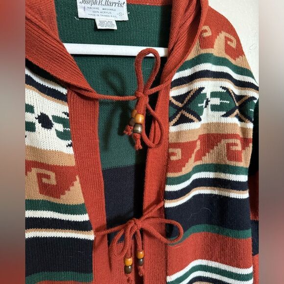 Vintage Aztec Southwestern Hooded Knit Cardigan Sz S Striped Orange Tie Front - Picture 4 of 7